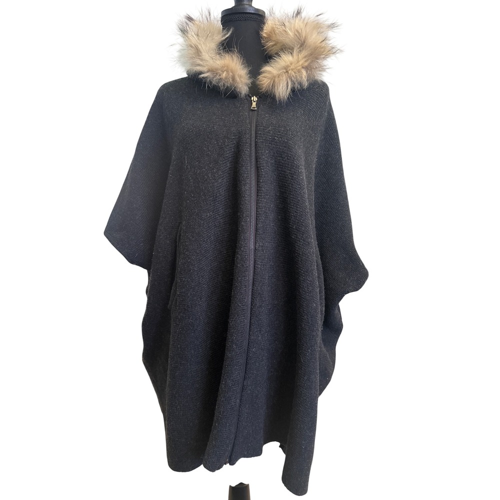 Origami by Vivien Charcoal Gray Knit Hooded Faux Fur Trim Zip Poncho Cape Coat